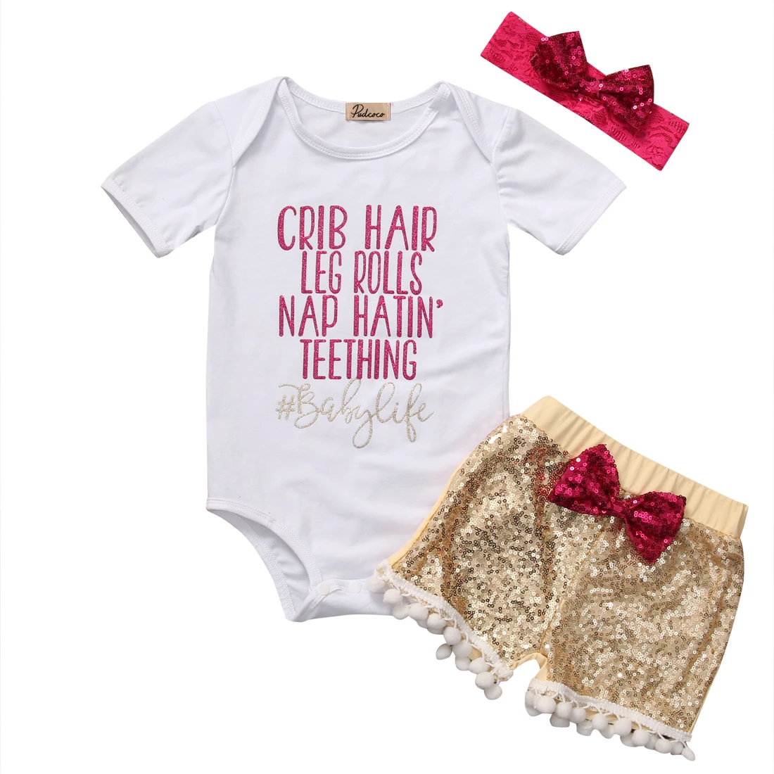3Pcs Baby Girls Summer Clothing Set Babies Girl Short Sleeve Letter Printing Bodysuits Sequin Tassels Shorts Outfits Clothes | Мать и