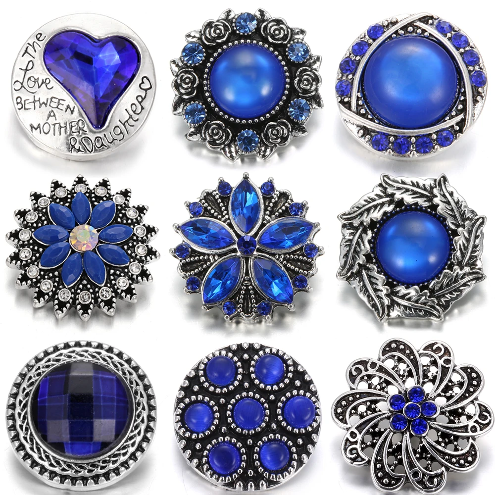 

10pcs/lot New Rhinestone Snap Jewelry 18mm Mixed Blue Snap Buttons Jewelry Fit 18mm Snap Button Necklace Charms Women Jewelry