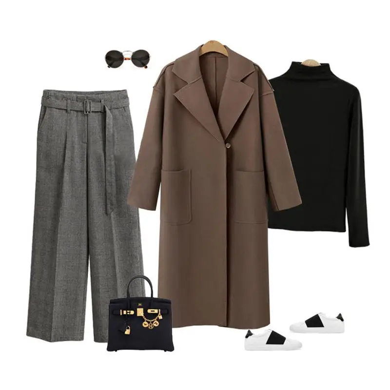 2019 NEW Spring Coat Women Wide Lapel Belt Pocket Wool Blend Coat Oversize Long Red Trench Coat Outwear Wool Coat With Belt S-XL
