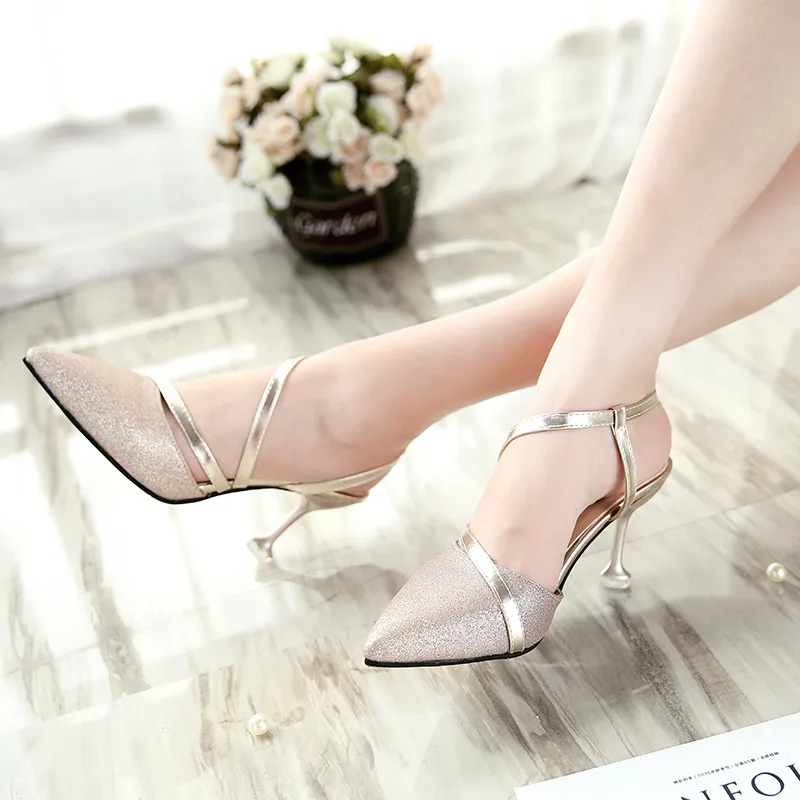 Новая Летняя обувь на высоком каблуке с baotou модная обувь мелкой серебряные сандалии женские сандалии Sandalias femeninas s087