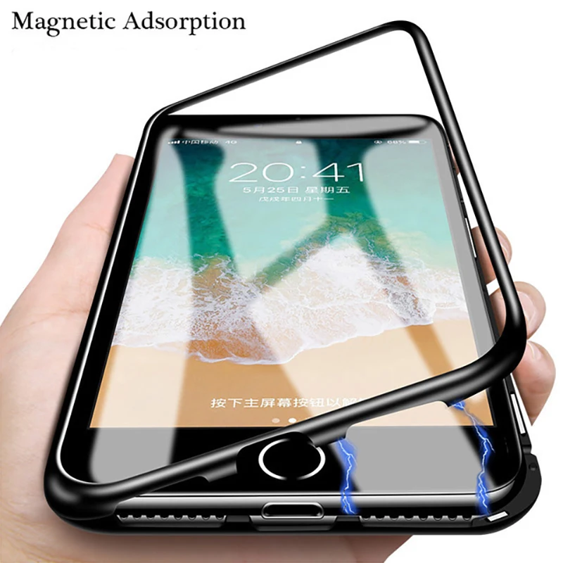 Nueva funda de teléfono de doble cara magnética adsorción para iPhone 8 7 6 6S Plus X XR XS Max 360 cubierta de vidrio templado con imán de Metal Caqa