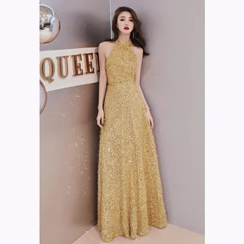 

Gothci Halter Yellow Sequined Women Long Party Dress Elegant High Waist Women Luxury Evening Party Dress Summer Vintage Vestidos