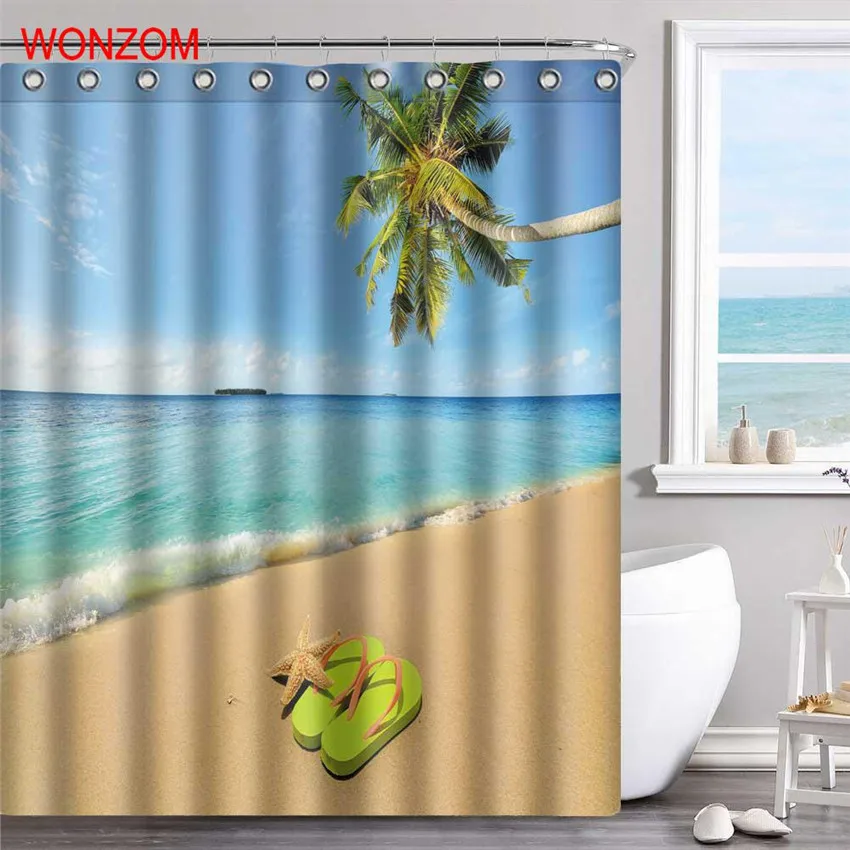 

WONZOM Sea Wave Polyester Fabric Beach Shower Curtain Scenery Bathroom Decor Waterproof Cortina De Bano With 12 Hooks Gift 2017