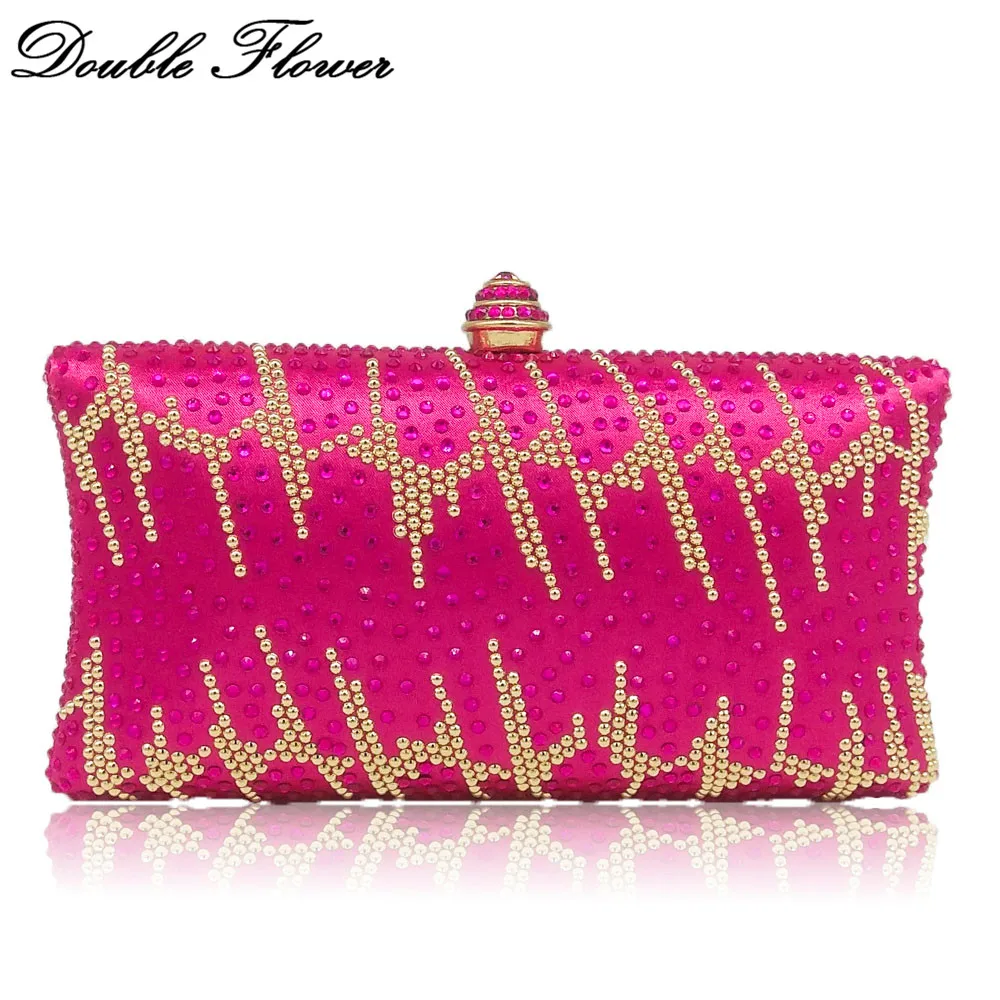 Double Flower Elegant Shiny Hot Pink Fuchsia Crystal Women Evening Bags
