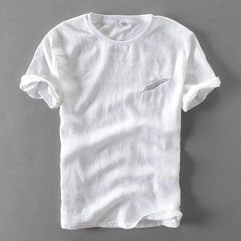 Mens T-Shirt White Feather Design Longline Split Sides 100% Organic Cotton Mens T-Shirt White Feather Design Longline Split Sides 100% Organic Cotton