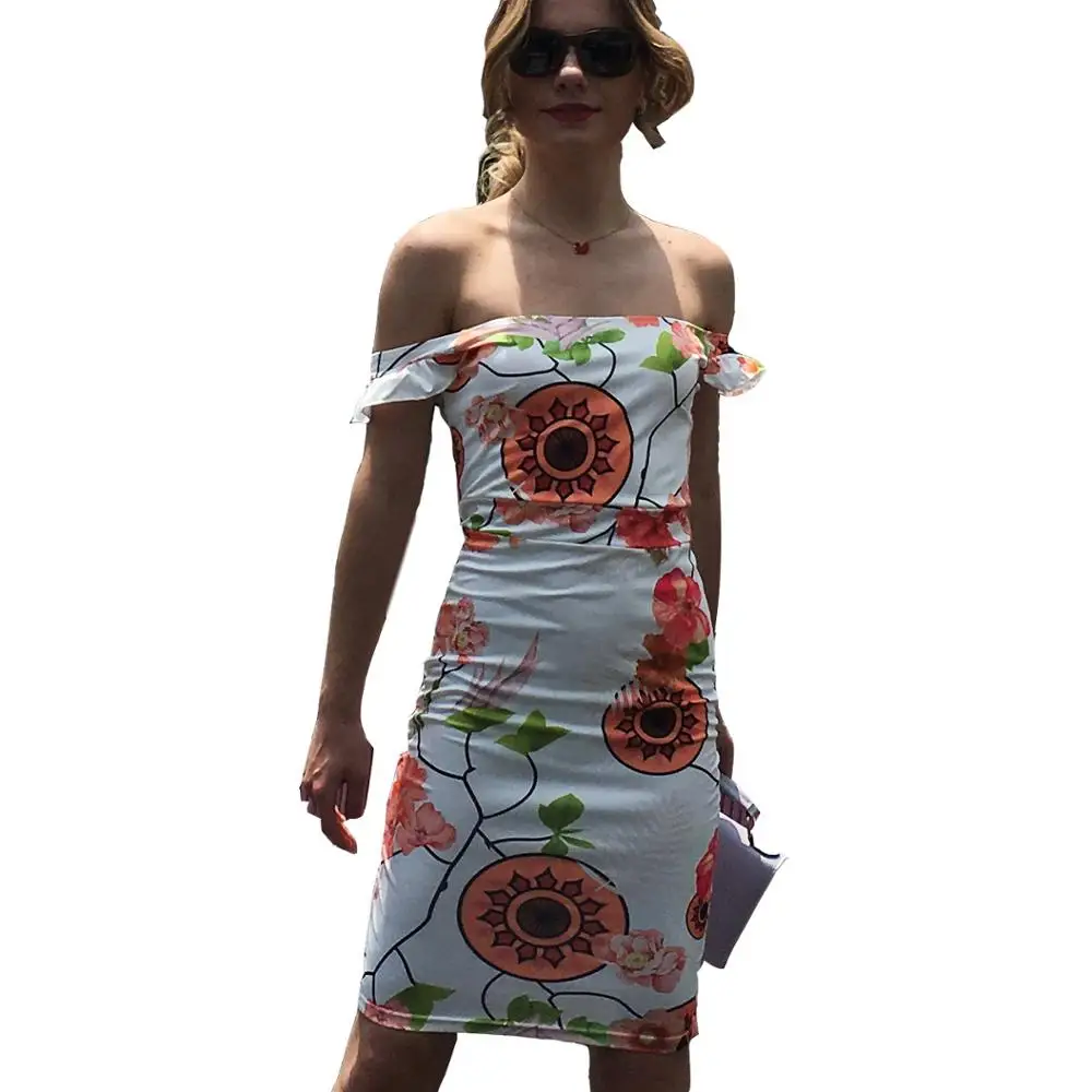 

Wholesale New Fashion Off Shoulder Floral Printing Hot Ladies Bodycon Dress
