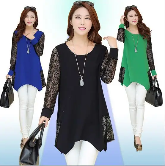 

AREALNA korean autumn women Blouses thin Long sleeves lace stitching chiffon blouse shirt women tops long Shirts plus size 5XL