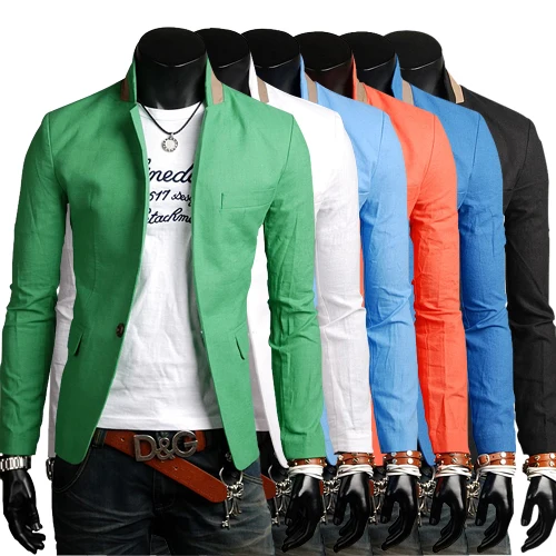 

Blazer Men 2019 New Arrival Casual Clothes Multi - Color Series Contrast Color Collar Design Single Button Hemp Suit
