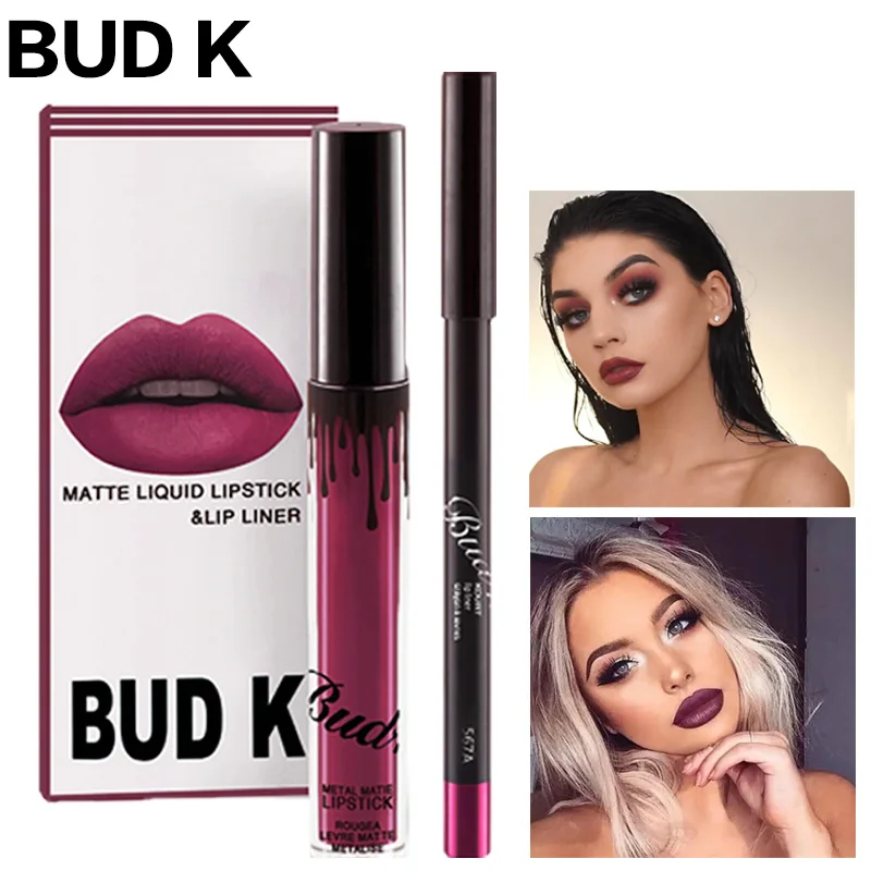 

2019 Hot New Bud K Matte Liquid Lipstick+Lips Pencil Makeup Long Lasting Waterproof Lip Gloss Cosmetics Kit Batom