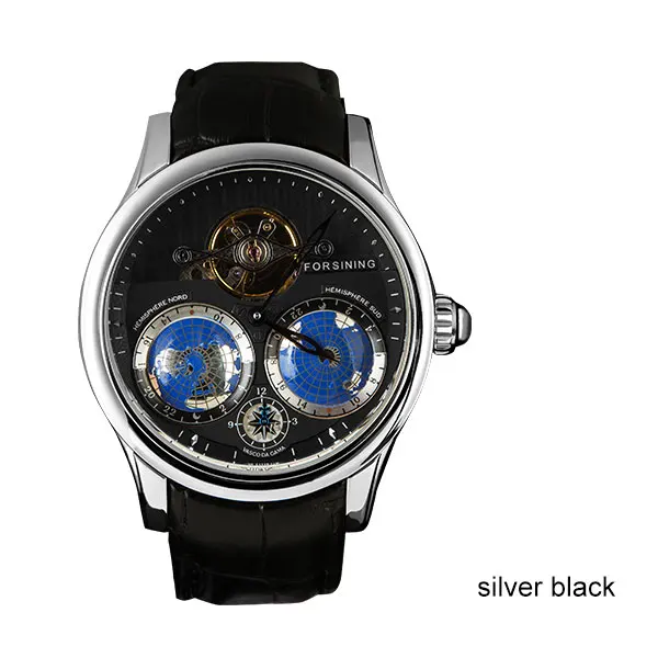 FORSINING Лидирующий бренд деловые часы для мужчин 30 м водонепроницаемый турбийон автоматические наручные часы 3D земля циферблат кожаный ремешок - Цвет: Siver Black