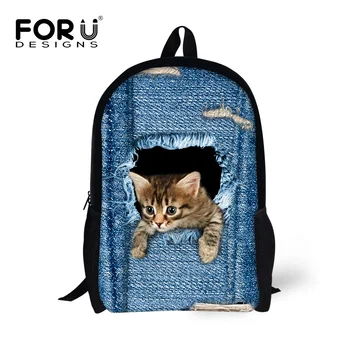 

FORUDESIGNS School Backpacks for Teenage Girls Cute Denim Cat Printing Women Casual Backpack Kids School Daypack Travel Mochila