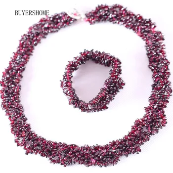 

Free Shipping Jewelry Set For Women 4X8MM Chip Beads Natural Stone Red Garnet Necklace 18" Bracelet 7" 1 Set