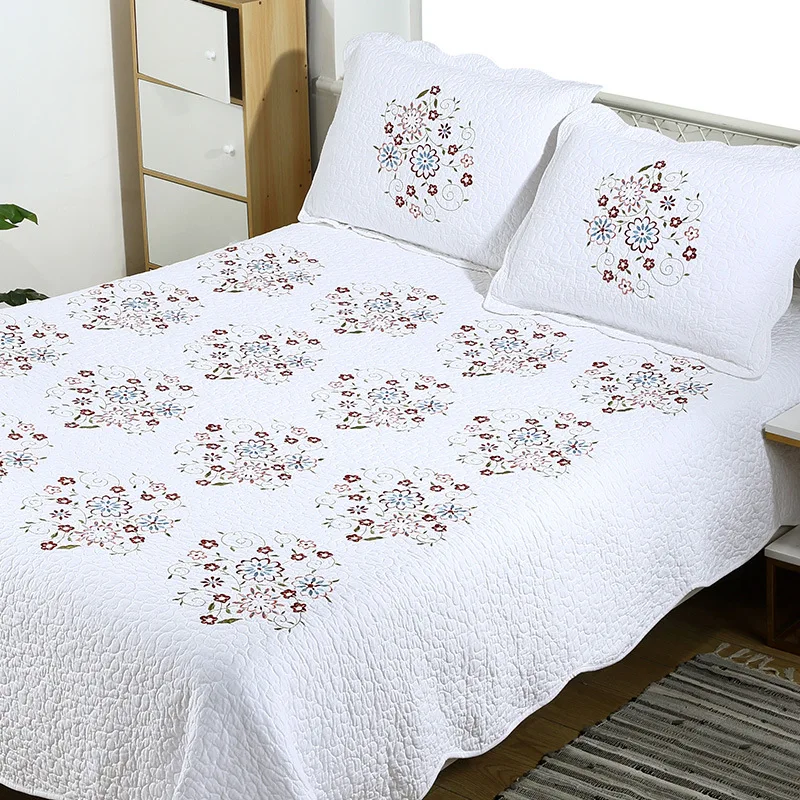 Plain Bedspread For Bed Quilt Set Embroidered Quilts 3 Piece White