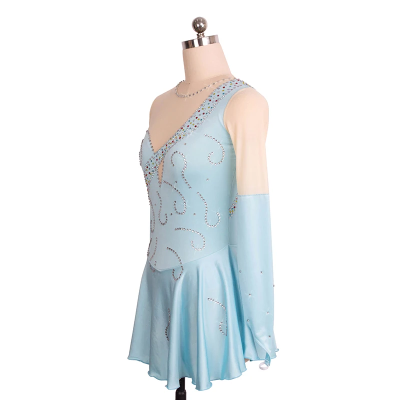 customized ice figure skating dress rhythmic gymnastics adult child girl show skirt competition light blue rhinestone shiny