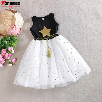 Children Girls One Piece Dress Stars Sequins Tulle Bow Dress Solid Cotton Clothes Voile Dress Tutu Dress 1-11 Years
