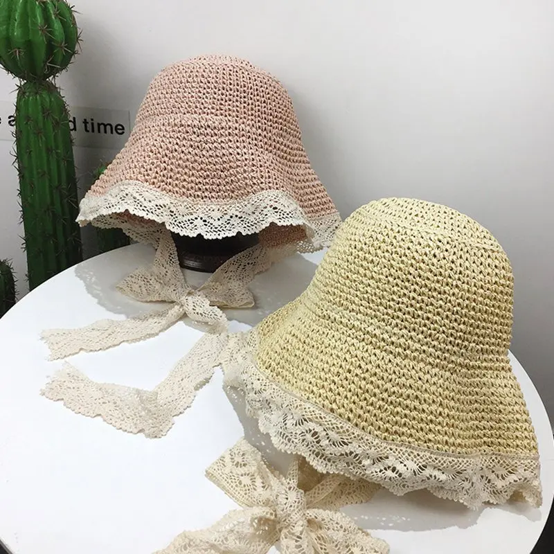 Корейские милые кружевные шляпы для девочек, летние шляпы, качественная плетеная солома, головные уборы ручной работы, повседневные уличные кепки со шнуровкой