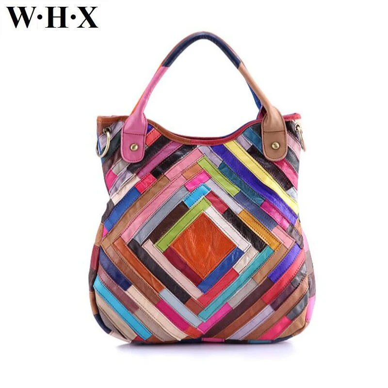 

WHX Genuine Leather Women Larger Handbags Multicolour Cow leather Patchwork Shoulder Bag Fashion Top-handle Women Crossbody Bag