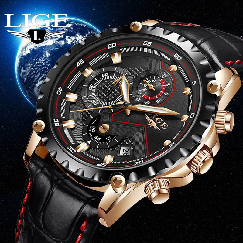 

LIGE Waterproof Leather Strap Quartz Luxury Watch Men Sport Date Black Dial Gold Luminous Pointer Chronograph relogio masculino