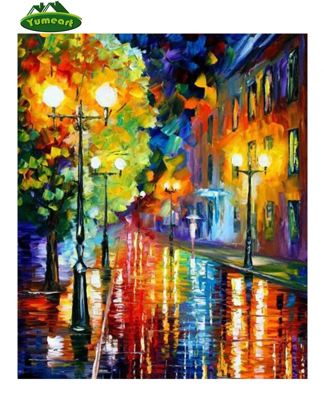 Rainy Night NEW Diamond Painting Cross Stitch Sewing Rhinestones Oil Loom Knitting Embroidery Drawing Colorful Street | Дом и сад