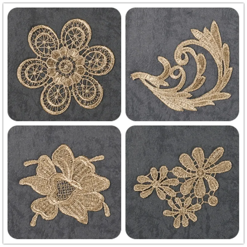 Аппликация из венецианского кружева с золотистой вышивкой 5 шт.|lace applique|flower lace