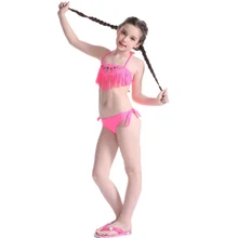 Детские купальные костюмы с принтом, пляжная одежда с бретелью через шею, купальный костюм, бандажный дизайн с кисточками для милых девочек, два цвета