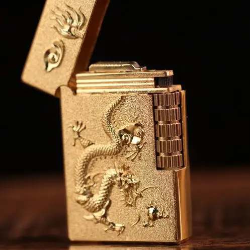 

Gold Dragon Gas Lighter Classic Ping Sound Inflatable Refillable Vintage For Cigarette Torch Fire