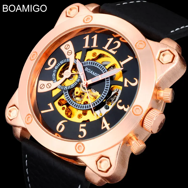 Mechanical Watches Men BOAMIGO Brand Fashion Sports Skeleton Automatic Mechanical Wristwatches Leather Strap Relogio Masculino men s stretch jeans belt high quality alloy buckle casual sports belt automatic buckle 125cm high quality unisex