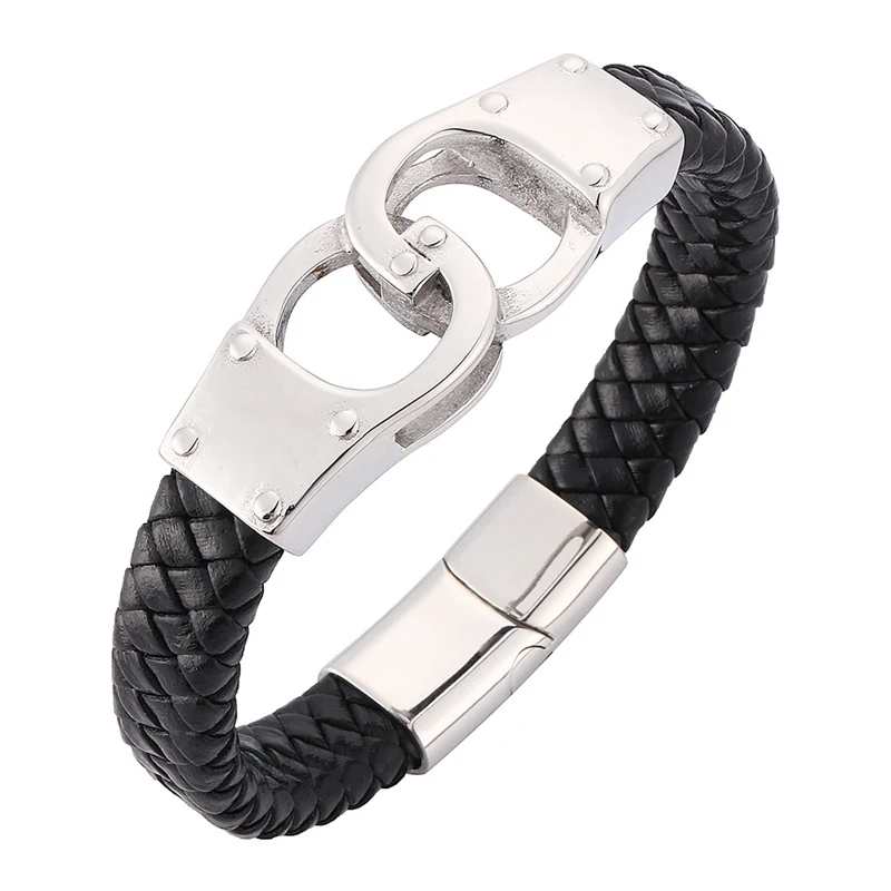 

Punk Jewelry Men Black/Brown Braided Leather Bracelet Trendy Stainless Steel Handcuffs Magnetic Buckle Wristband Charm SP0321