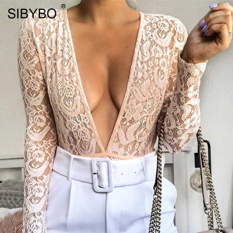 Sibybo Lace Crochet Transparent Sexy Women Bodysuit Deep V-Neck Long Sleeve Skinny Romper Women Nightclub Lace Bodysuit 2018 Sibybo Lace Crochet Transparent Sexy Women Bodysuit Deep V-Neck Long Sleeve Skinny Romper Women Nightclub Lace Bodysuit 2018