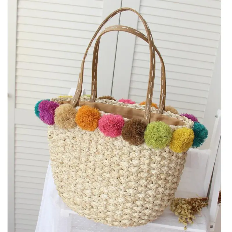 2017 Rafia y Piel De Maíz Tejida Bolsos de Las Mujeres Bolsa de Paja Bolso Hecho A Mano de Punto de verano Playa Bolsa De Viaje de Asas de Las Compras Li311