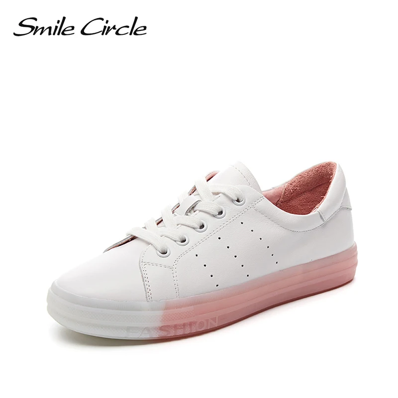 

Smile Circle White Sneakers Women Genuine Leather Lace-up Flat Casual shoes Spring fashion Breathable Ladies Sneakers