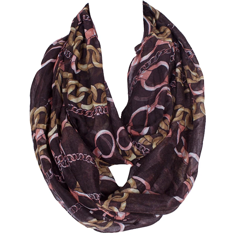 

2019 Fashion Lightweight Infinity Women's Scarf Brown Striped Chain Printing Print Polyester Ring Loop Sheer Small Scarfves