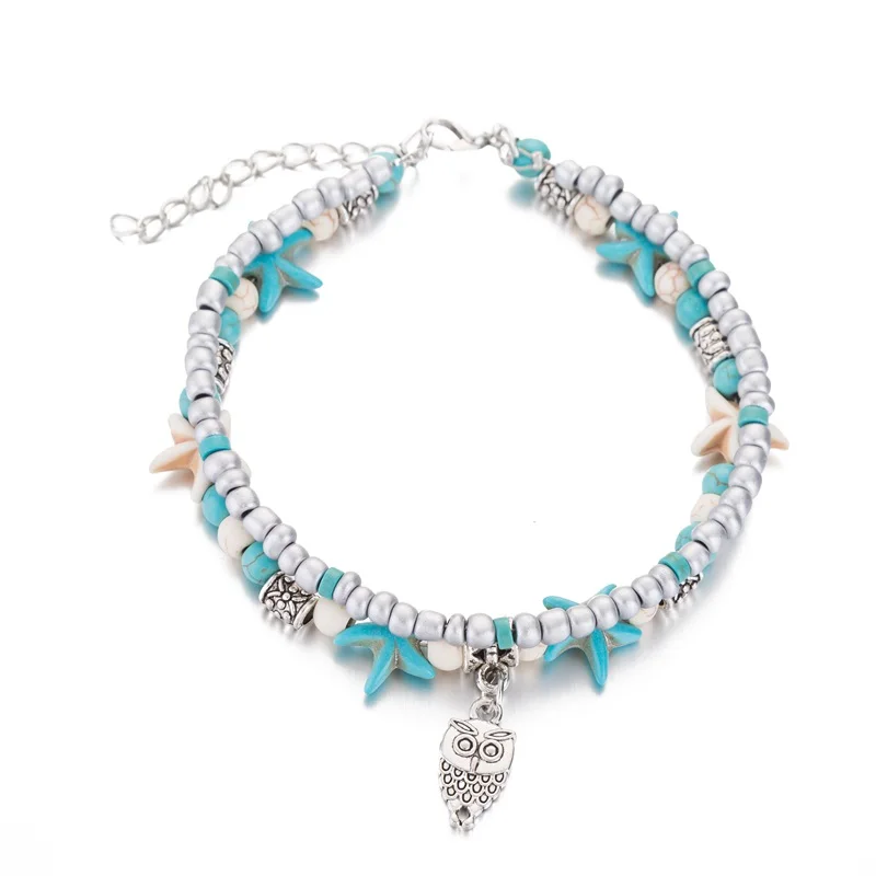 

Bohemian Owl Elephant Heart Charm Double Layer Anklets For Women Starfish Seed Beads Foot Leg Bracelet Yoga Beach Jewelry Bijoux