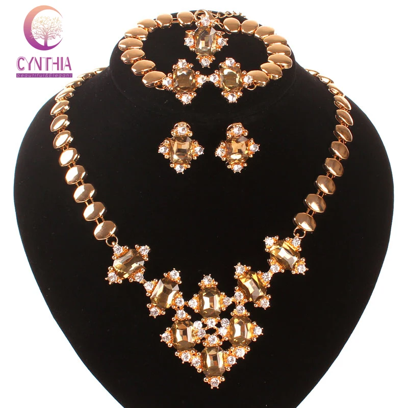 Fashion Crystal Bridal Jewelry Sets Gold Color Champagne Rhinestone