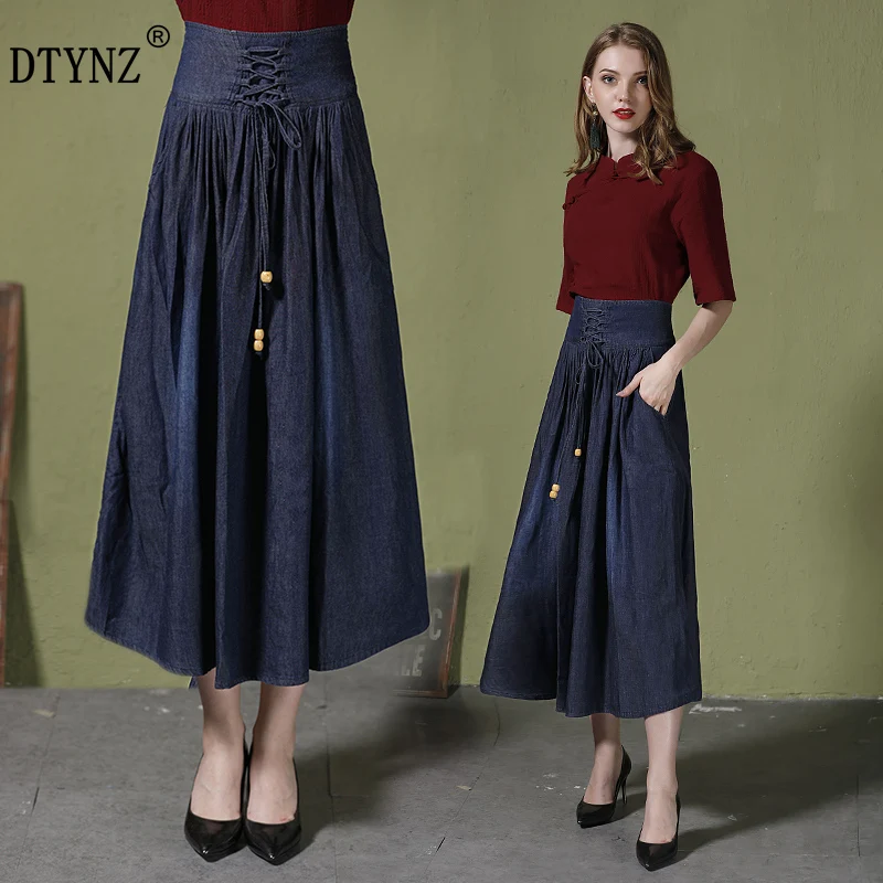 DTYNZ Осень Женская Большой Код эластичный пояс Джинсовая юбка Longuette удобные деревянные бусины на шнуровке Высокая талия плиссированная юбка