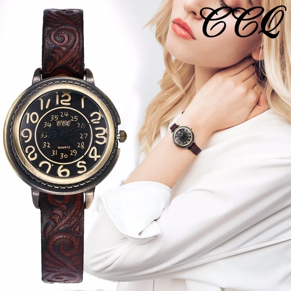 

Women Vintage Genuine Leather Bracelet Watches Luxury Female Quartz Watch CCQ Brand Clock Dropshipping