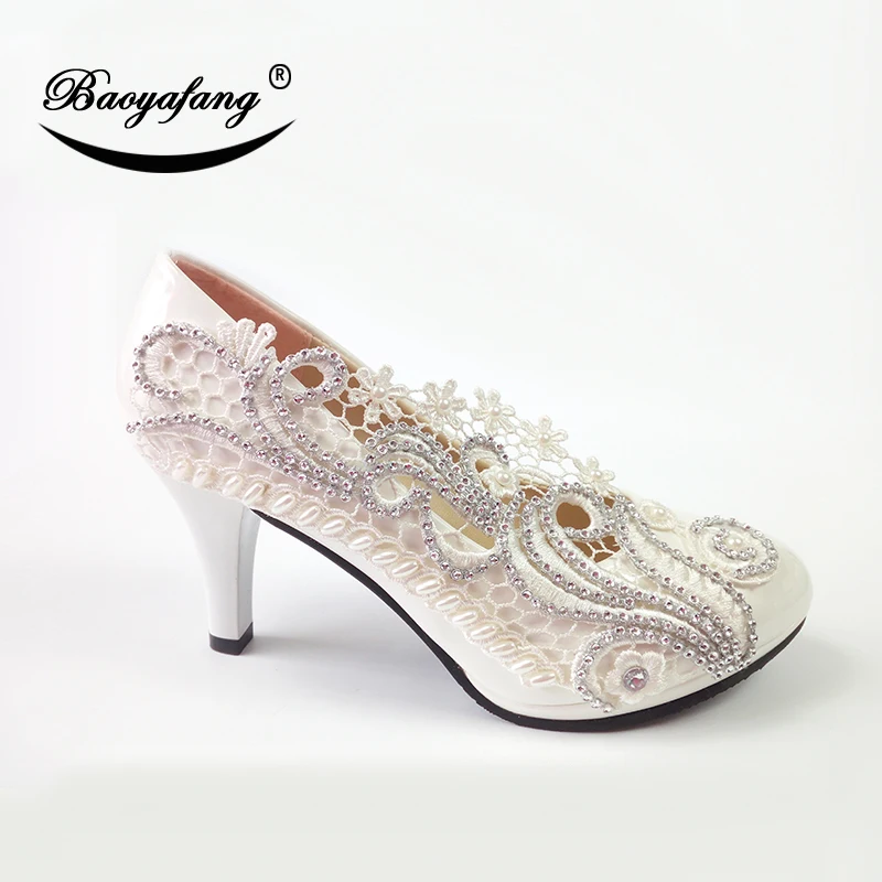 

BaoYaFang Shallow Round Toe White Lace Wedding shoes Woman Med Heel Bride Dress Shoe female Autumn New arrival shoe