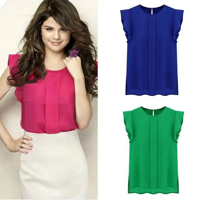 

Women Blouses Casual Solid Color Loose Comfortable Chiffon Short Tulip Sleeve Tops roupas Vetement Femme#F