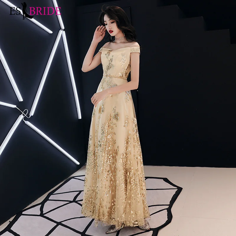 

Fashion Gold Robe De Soiree A-line Sleeveless Boat Neck Lace Teal Evening Dresses Long 2019 Elegant Wedding Guest Gowns ES1547