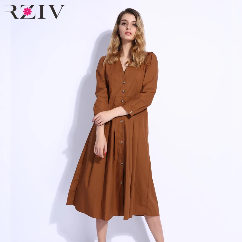 RZIV Fall Women solid color elegant long sleeve dress casual V neck