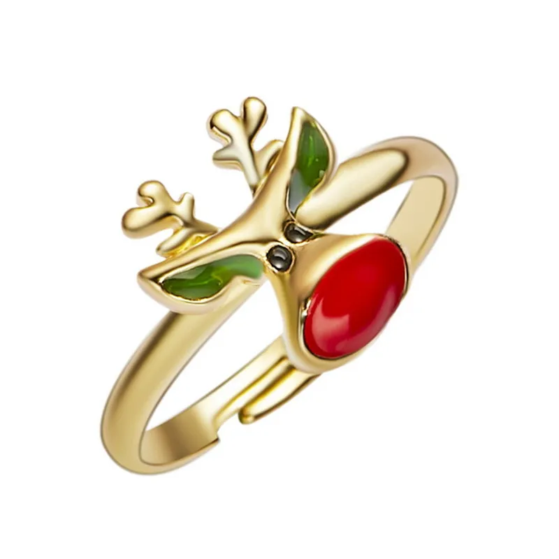 

8Seasons Fashion Christmas Rings Open Gold Color Circles Green Red Cute Elk Style Romantic Adjustable Rings Gift,1 Piece