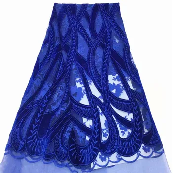 

blueNigerian French Lace Fabrics 2019 African Beaded velvet Tulle Lace Fabric High Quality African Lace Wedding Fabric For Dress