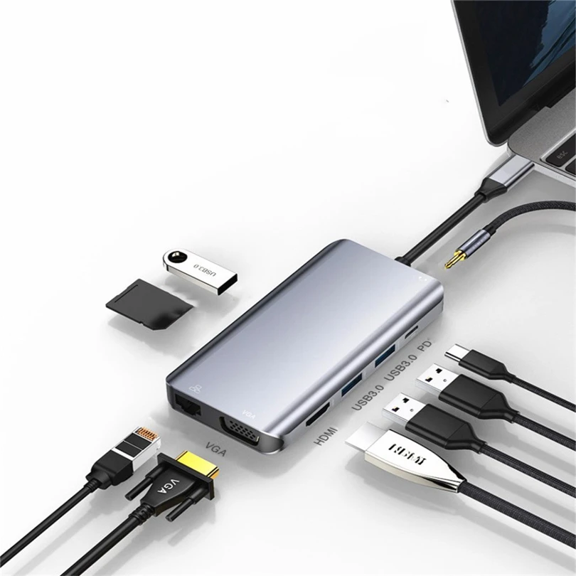 

USB hub 10 In 1 USB-C Type C To HDMI VGA RJ45 USB 3.0 For SD TF Card Reader Gigabit LAN support 1080p high quality A20