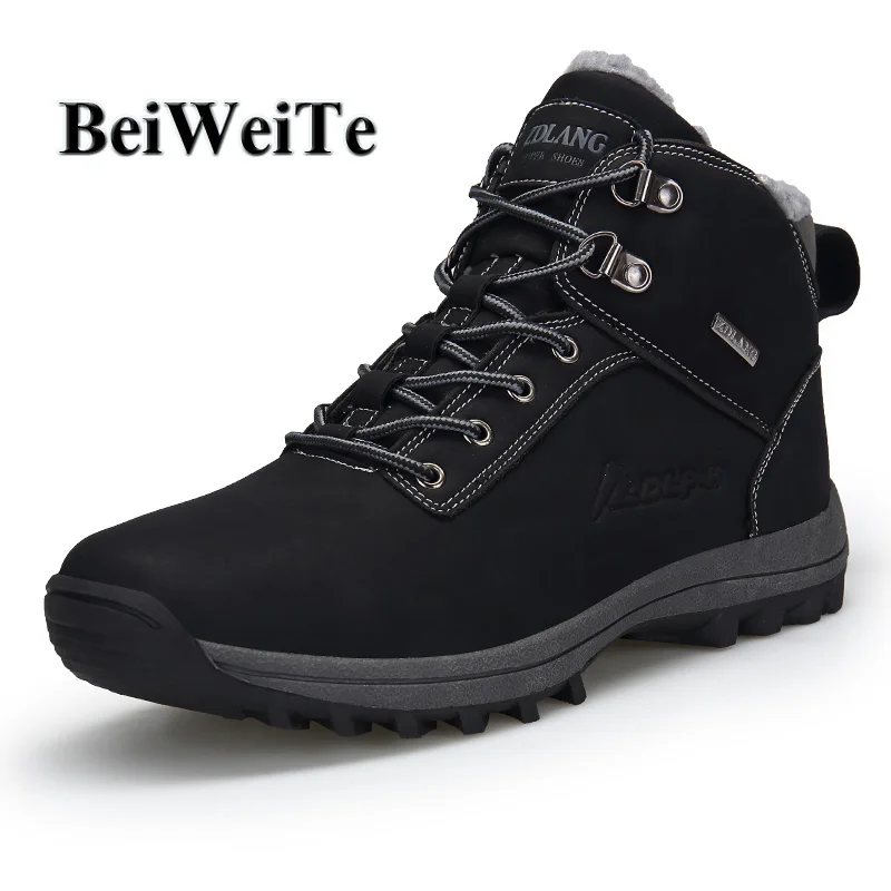 Men Hiking Shoes Male Big Size Winter Plus Fur High Top Snow Walking Barefoot Shoes Tourism Outdoor Trekking Shoes Hunting Boots
