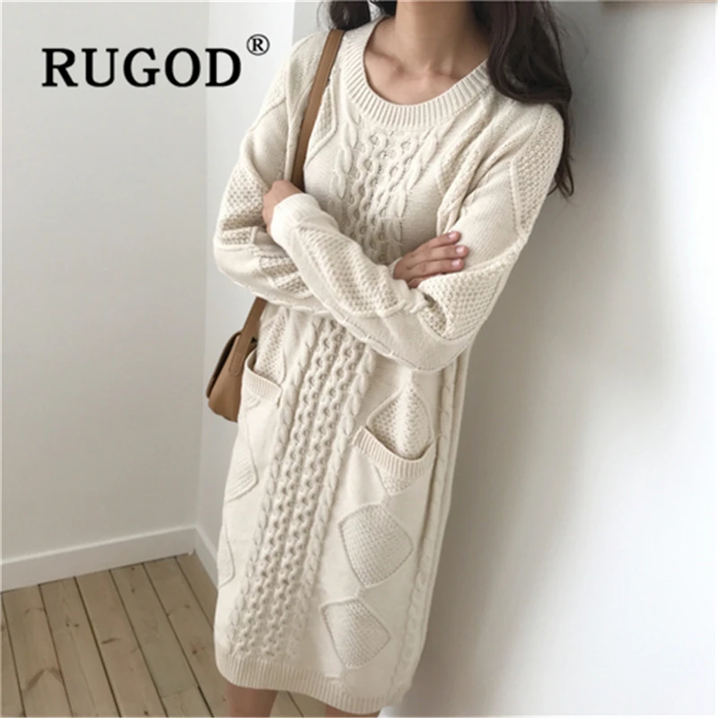 Женское трикотажное платье RUGOD однотонное теплое прямое свитер средней длины с