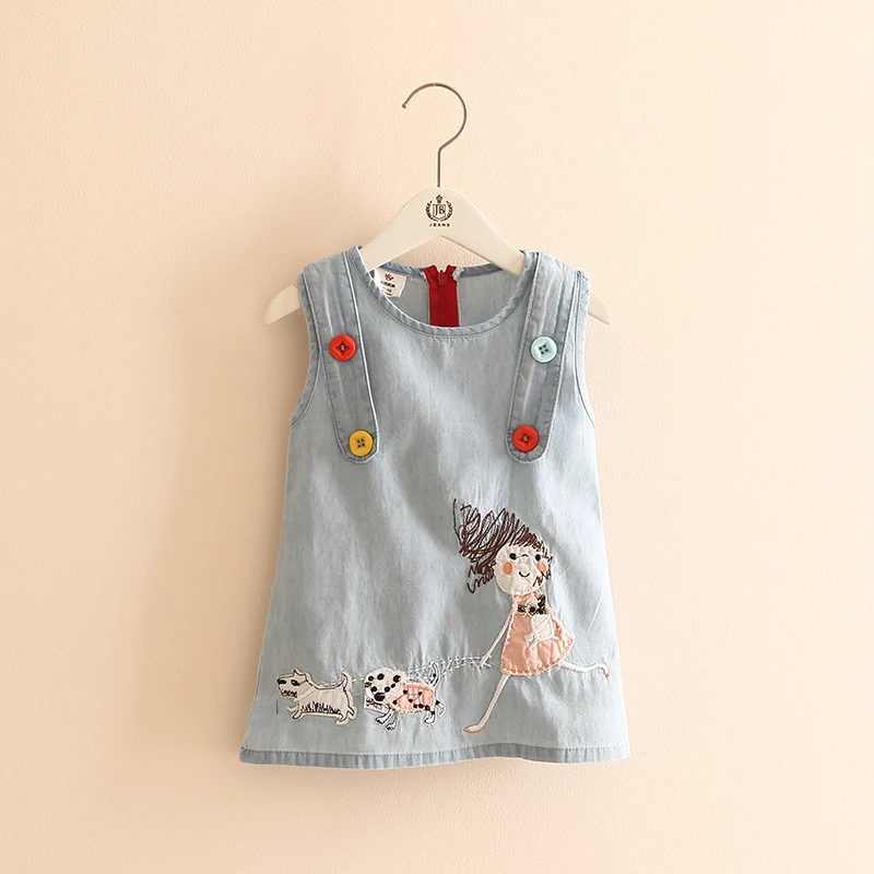 

2018 New Fashion 2-10 Years Summer Cartoon Cute Girl Dog Embroidery Button O-Neck Baby Child Kids Girls Demi Sleeveless Dress