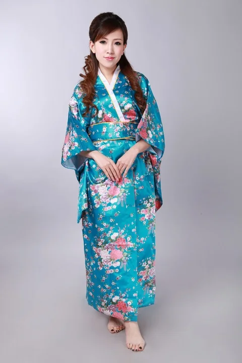 Голубое озеро Японские Женские шелковые атласные кимоно юката вечернее платье цветок один размер H0044-A - Цвет: lake blue