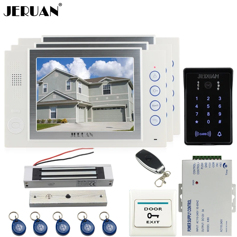 

JERUAN 8`` video doorphone Recording intercom system kit 3 monitor New RFID waterproof Touch Key password keypad Camera 8G SD