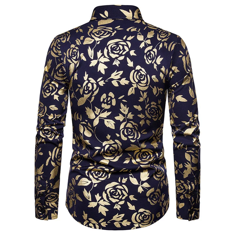 Autumn night club men s lapel rose gilded print slim long sleeve shirt tide floral shirt 2