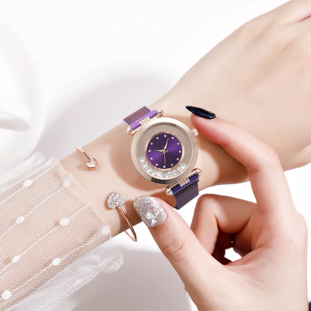 Элегантные женские наручные часы креативные 360 градусов вращающийся горный хрусталь Женские кварцевые часы магнитные сетчатые часы из нержавеющей стали